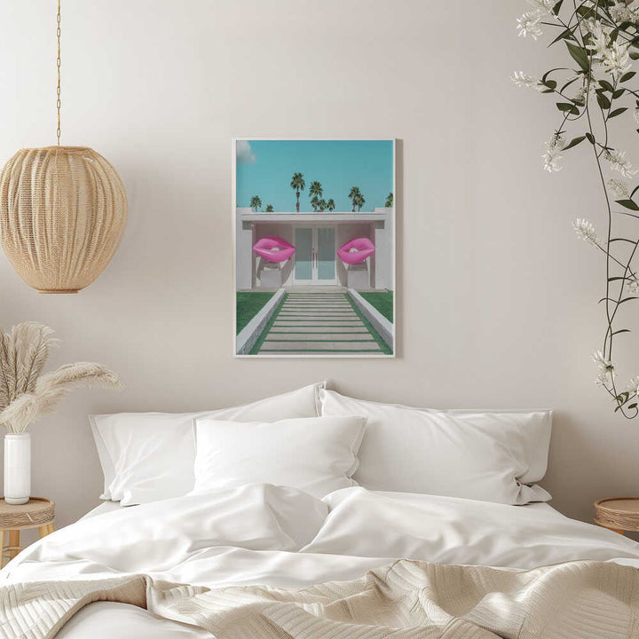 Mid - Century Modern House with Pink Lips - Stretched Canvas, Poster or Fine Art Print - I Heart Wall Art - Poster Print, Canvas Print or Framed Art Print