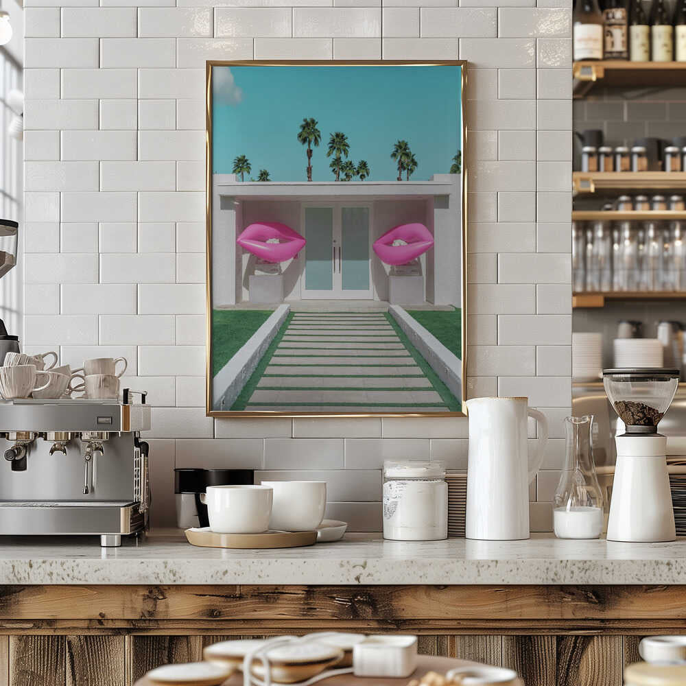 Mid - Century Modern House with Pink Lips - Stretched Canvas, Poster or Fine Art Print - I Heart Wall Art - Poster Print, Canvas Print or Framed Art Print