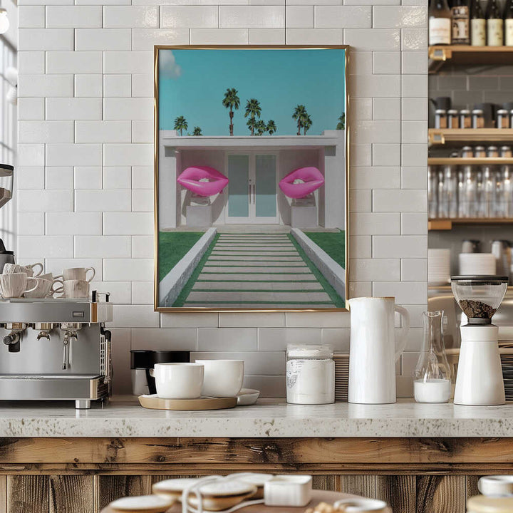 Mid - Century Modern House with Pink Lips - Stretched Canvas, Poster or Fine Art Print - I Heart Wall Art - Poster Print, Canvas Print or Framed Art Print