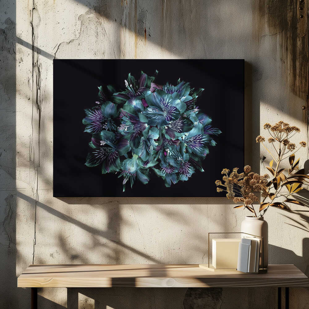 Midnight Teal Flowers - Floral Photographic Stretched Canvas Poster or Fine Art Print