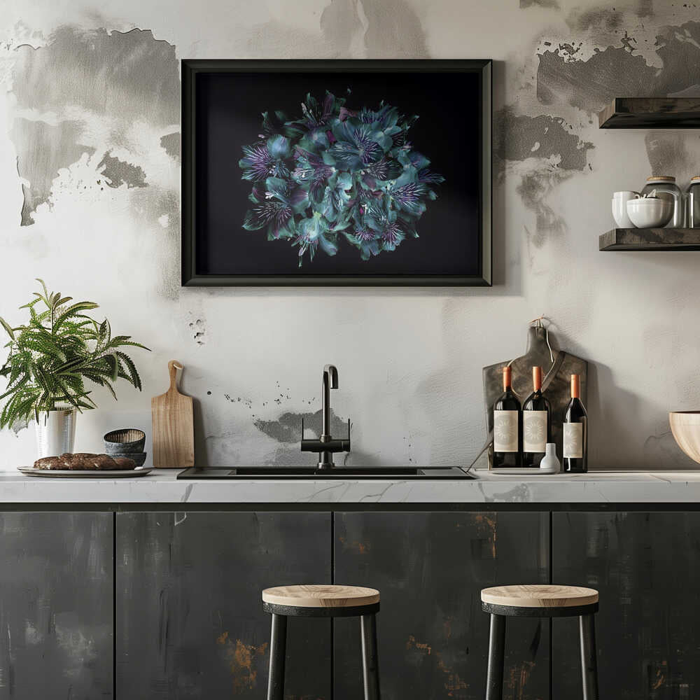 Midnight Teal Flowers - Floral Photographic Stretched Canvas Poster or Fine Art Print