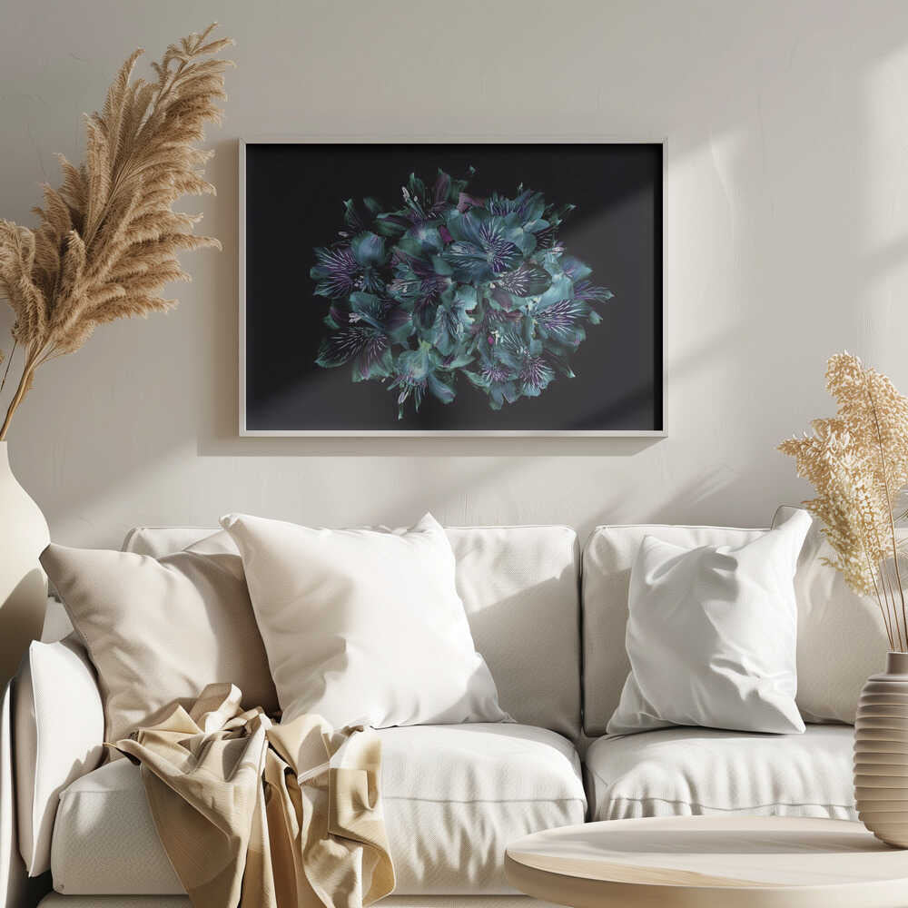 Midnight Teal Flowers - Floral Photographic Stretched Canvas Poster or Fine Art Print