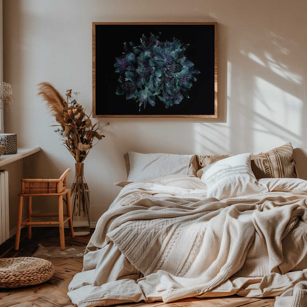 Midnight Teal Flowers - Floral Photographic Stretched Canvas Poster or Fine Art Print