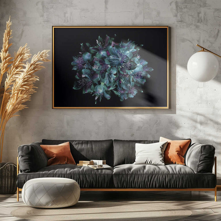 Midnight Teal Flowers - Floral Photographic Stretched Canvas Poster or Fine Art Print