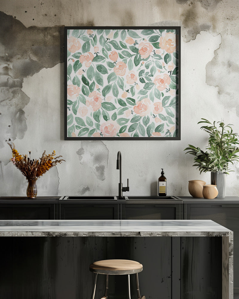 Miriam flowers in coral - Square Stretched Canvas, Poster or Fine Art Print I Heart Wall Art