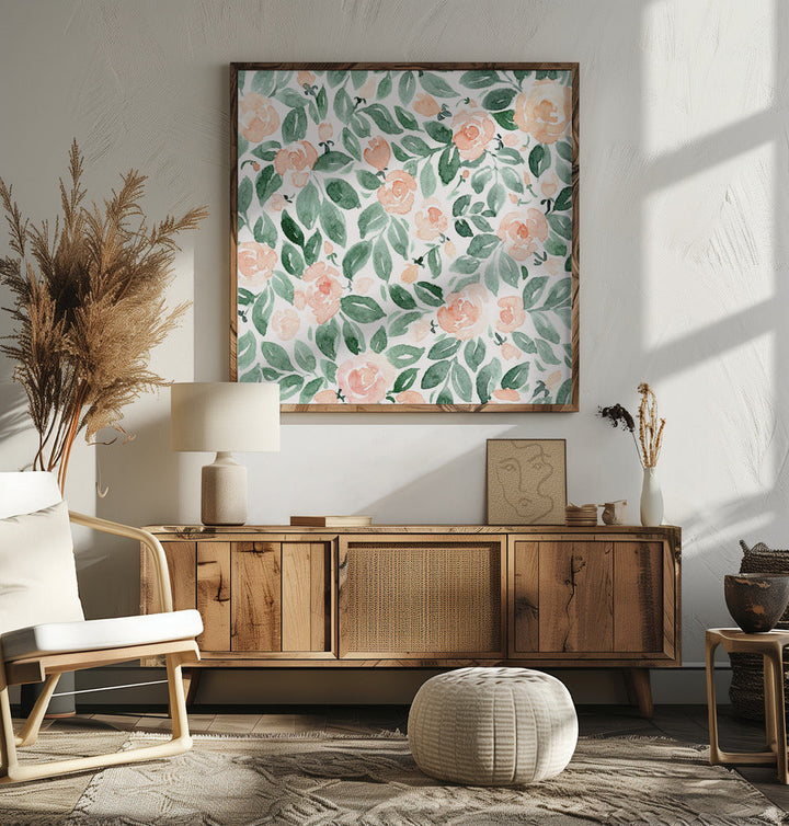 Miriam flowers in coral - Square Stretched Canvas, Poster or Fine Art Print I Heart Wall Art