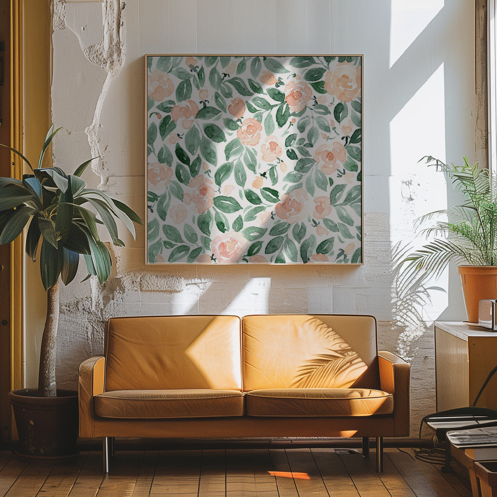Miriam flowers in coral - Square Stretched Canvas, Poster or Fine Art Print I Heart Wall Art