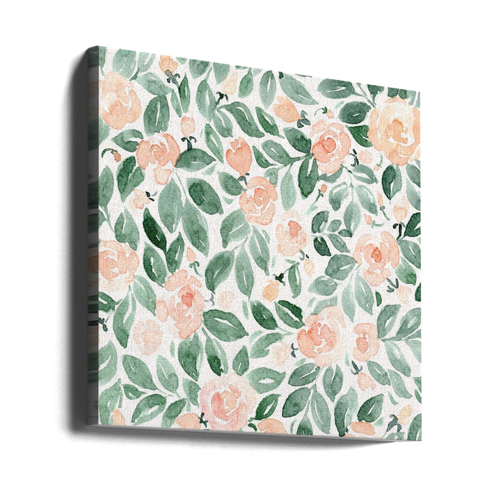 Miriam flowers in coral - Square Stretched Canvas, Poster or Fine Art Print I Heart Wall Art