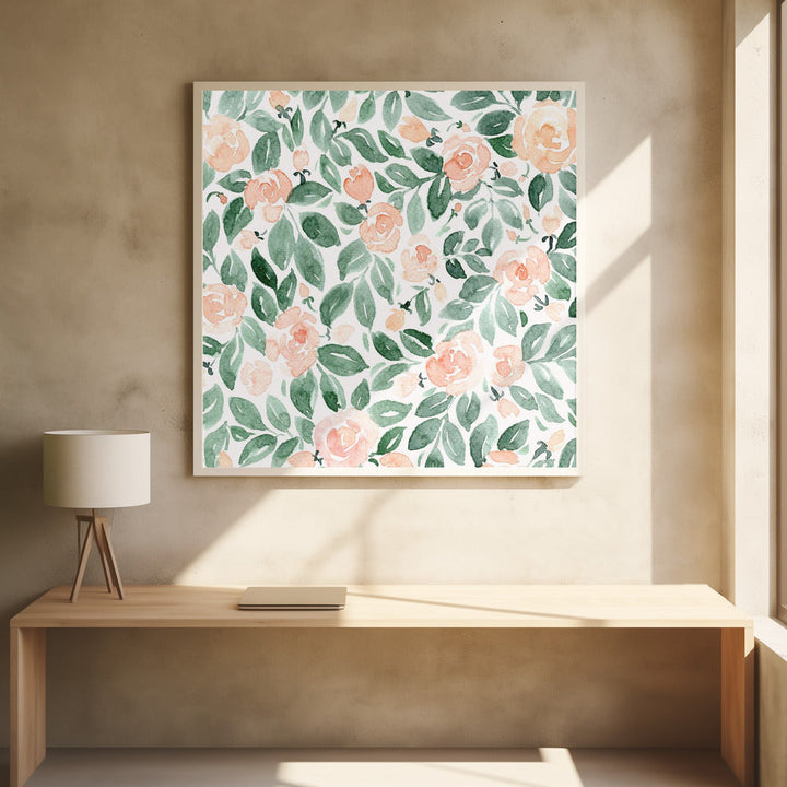 Miriam flowers in coral - Square Stretched Canvas, Poster or Fine Art Print I Heart Wall Art
