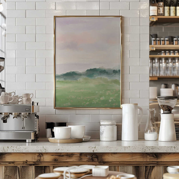 Misty Morning Fields - Stretched Canvas Poster or Fine Art Print