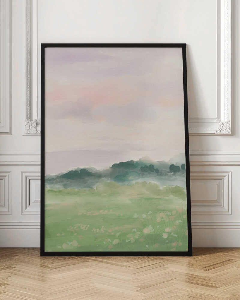 Misty Morning Fields - Stretched Canvas Poster or Fine Art Print