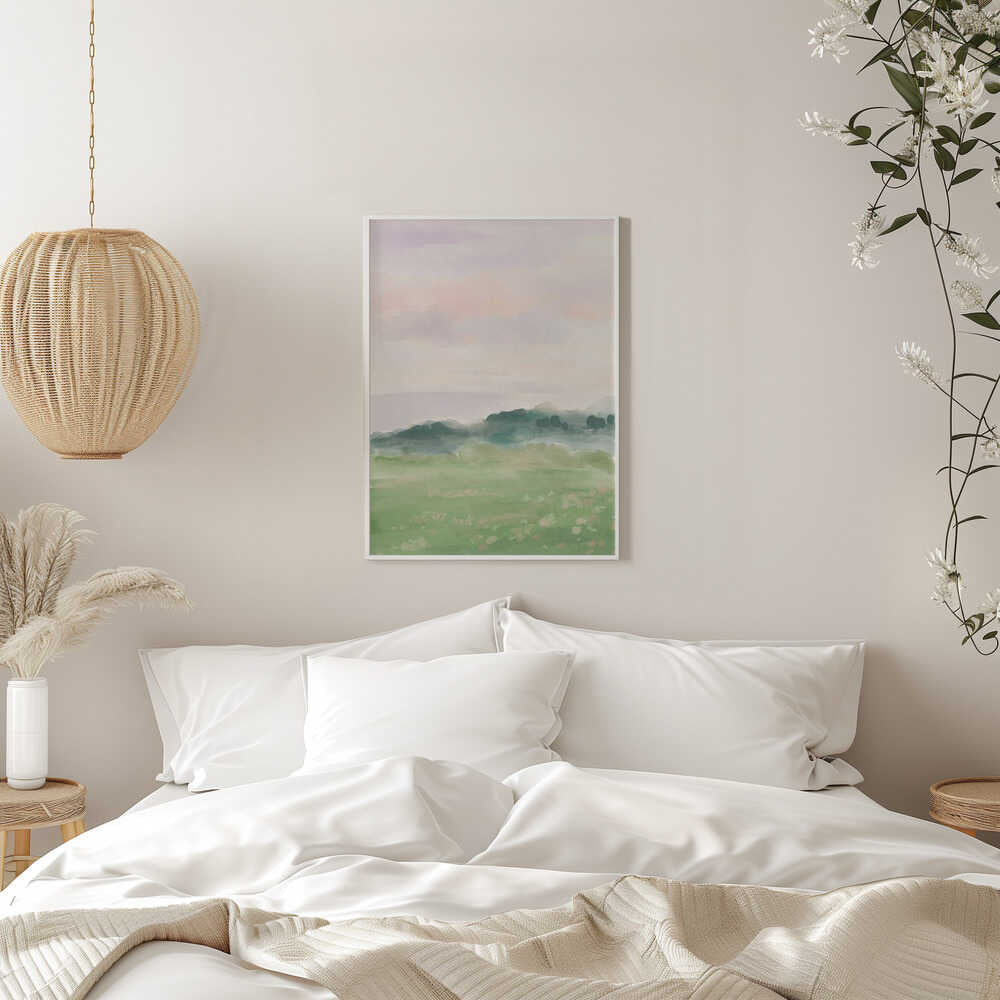 Misty Morning Fields - Stretched Canvas Poster or Fine Art Print