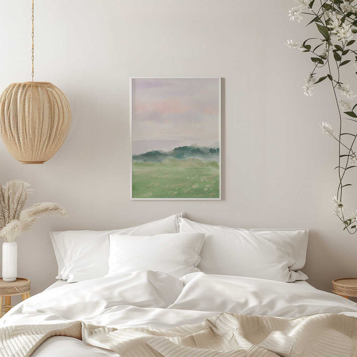 Misty Morning Fields - Stretched Canvas Poster or Fine Art Print