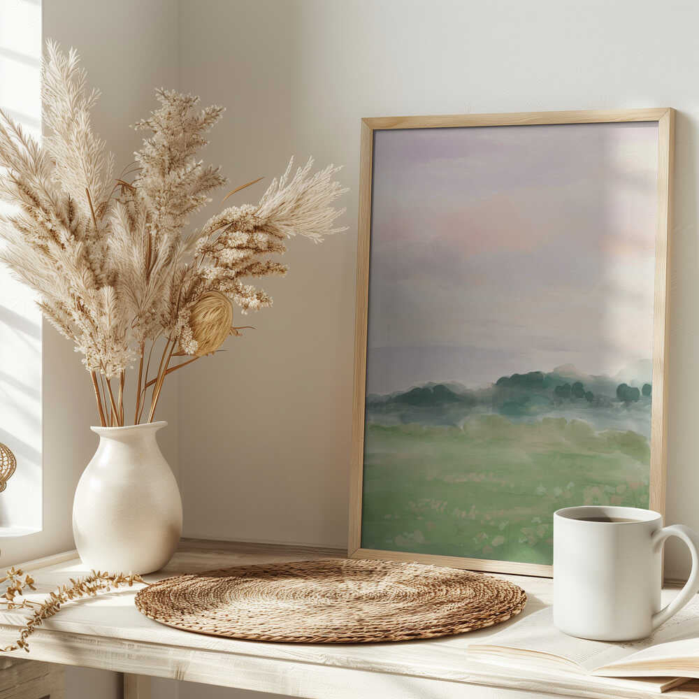 Misty Morning Fields - Stretched Canvas Poster or Fine Art Print