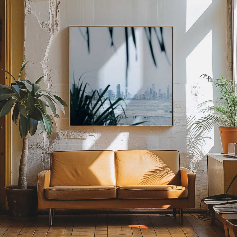 Misty Ocean Cityscape - Square Stretched Canvas, Poster or Fine Art Print by Angela Hawkey - I Heart Wall Art - Poster Print, Canvas Print or Framed Art Print