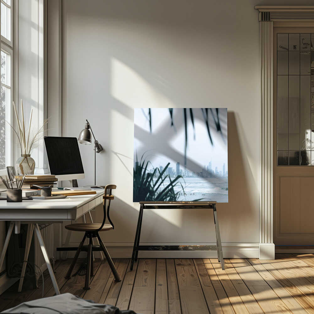 Misty Ocean Cityscape - Square Stretched Canvas, Poster or Fine Art Print by Angela Hawkey - I Heart Wall Art - Poster Print, Canvas Print or Framed Art Print