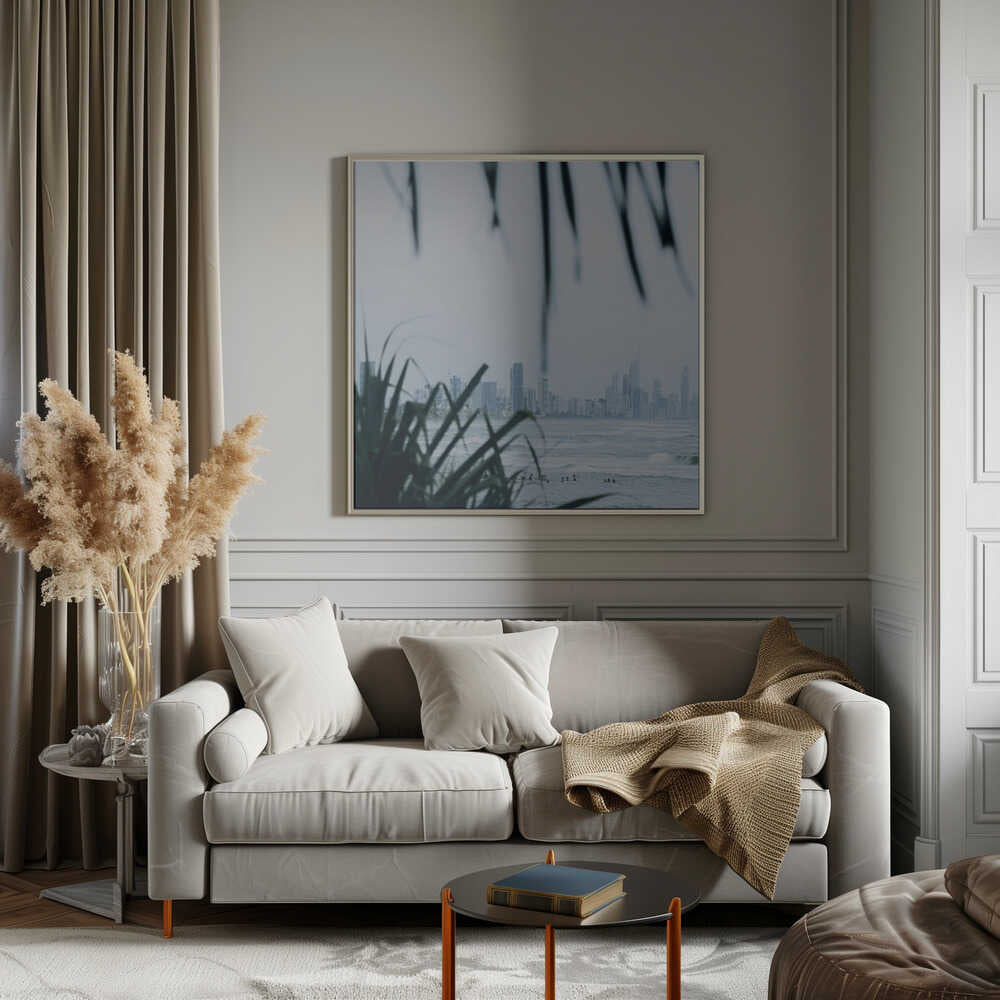 Misty Ocean Cityscape - Square Stretched Canvas, Poster or Fine Art Print by Angela Hawkey - I Heart Wall Art - Poster Print, Canvas Print or Framed Art Print
