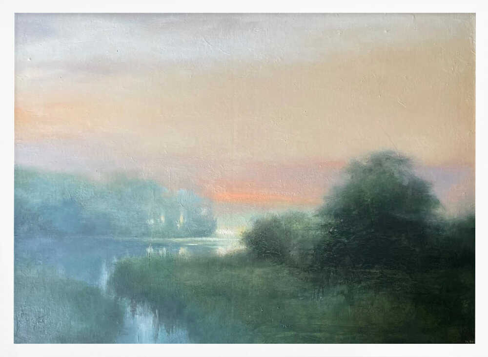 Misty River Dawn - Stretched Canvas Poster or Fine Art Print