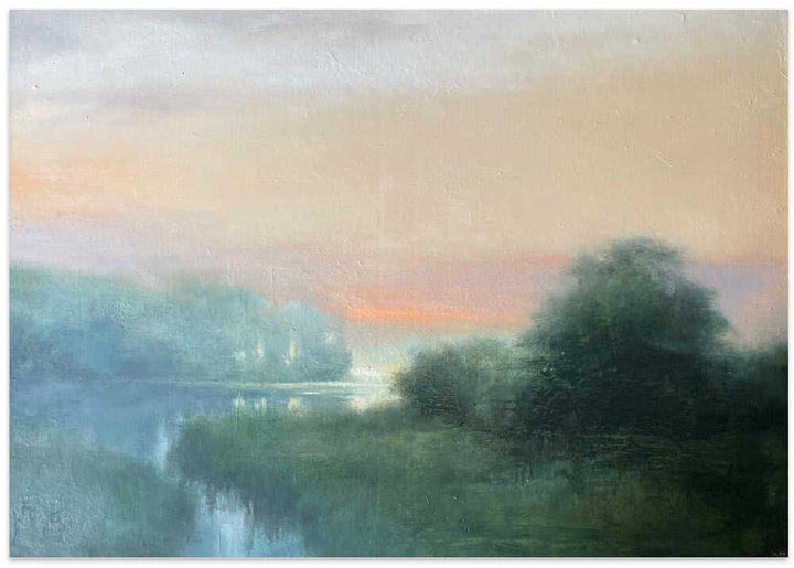 Misty River Dawn - Stretched Canvas Poster or Fine Art Print