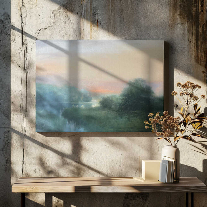 Misty River Dawn - Stretched Canvas Poster or Fine Art Print
