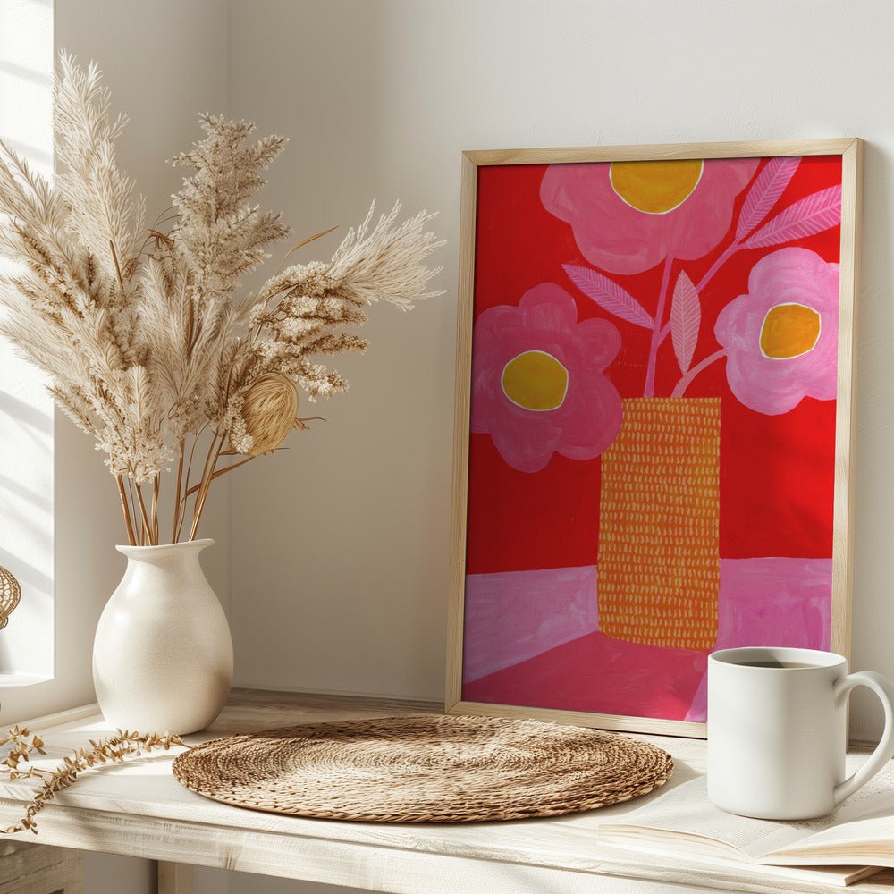 Modern Daisy Pink &amp;amp; Red - Stretched Canvas, Poster or Fine Art Print - I Heart Wall Art - Poster Print, Canvas Print or Framed Art Print
