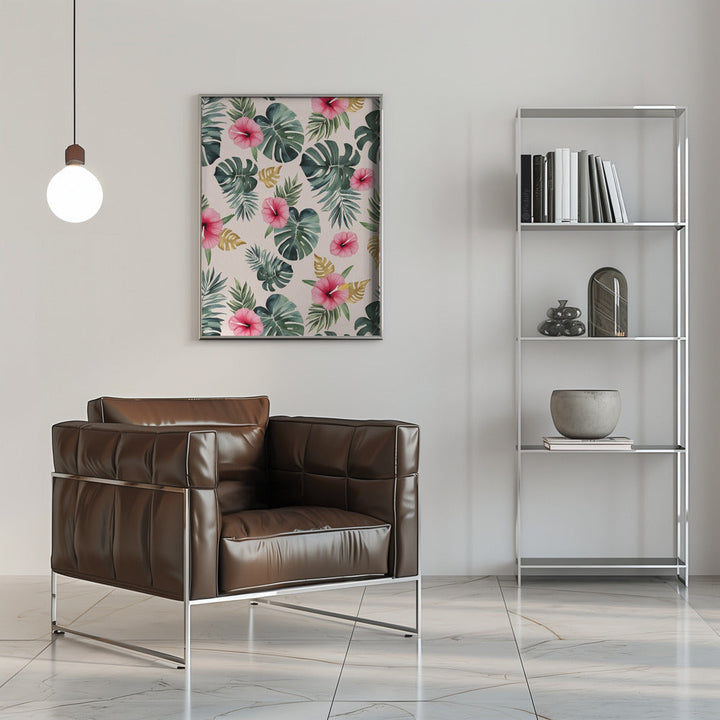 Monstera and Hibiscus Pattern - Stretched Canvas, Poster or Fine Art Print I Heart Wall Art
