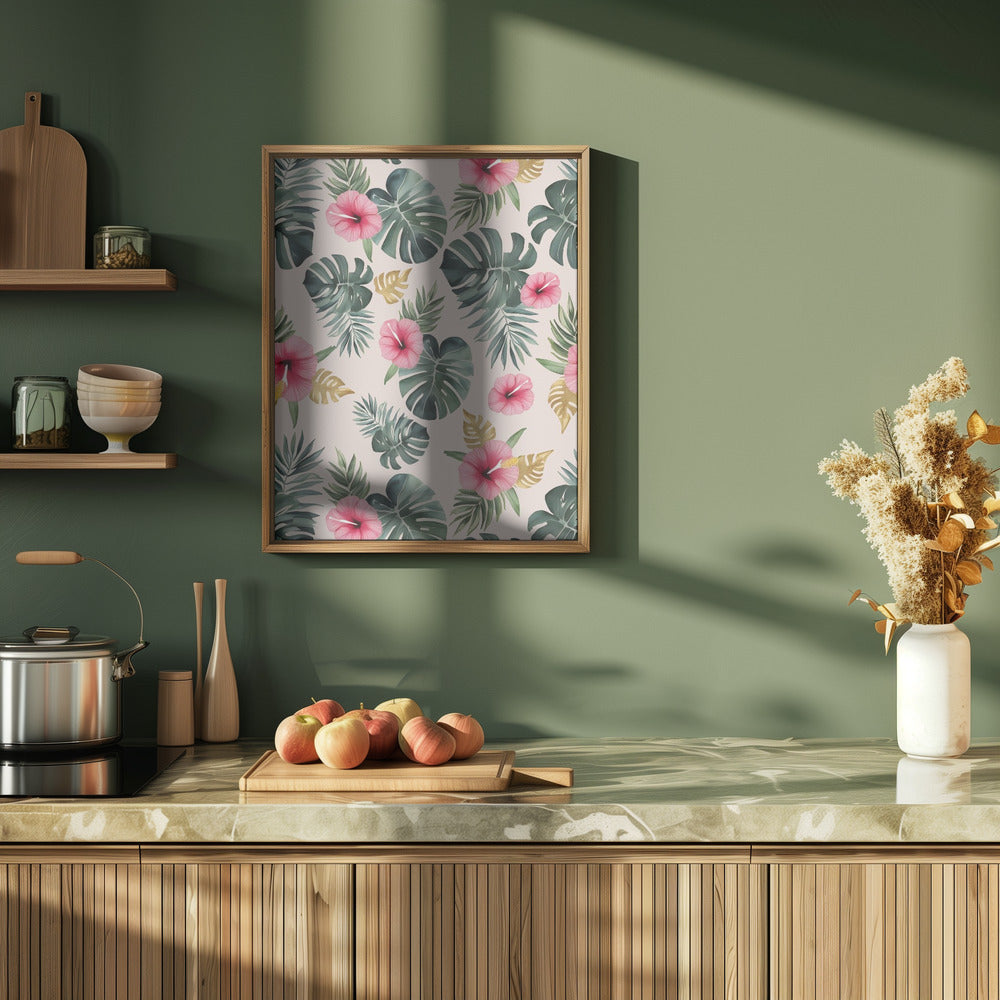 Monstera and Hibiscus Pattern - Stretched Canvas, Poster or Fine Art Print I Heart Wall Art
