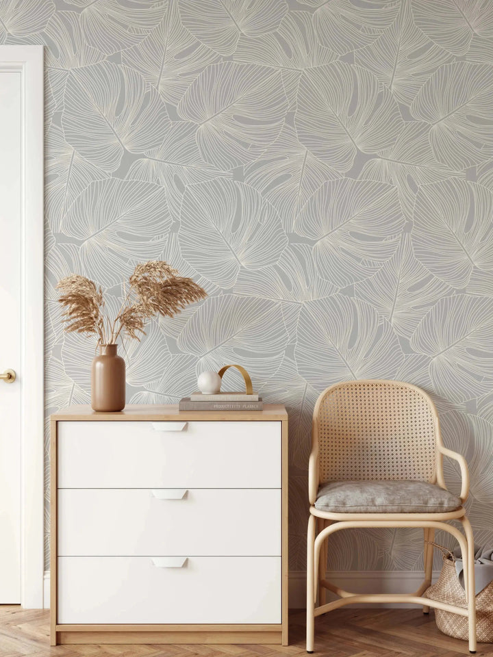 Monstera Line Wallpaper - Light Grey and Off-White Monstera line Art Removable Peel and Stick or Soak and Stick Wallpaper I Heart Wall Art Australia