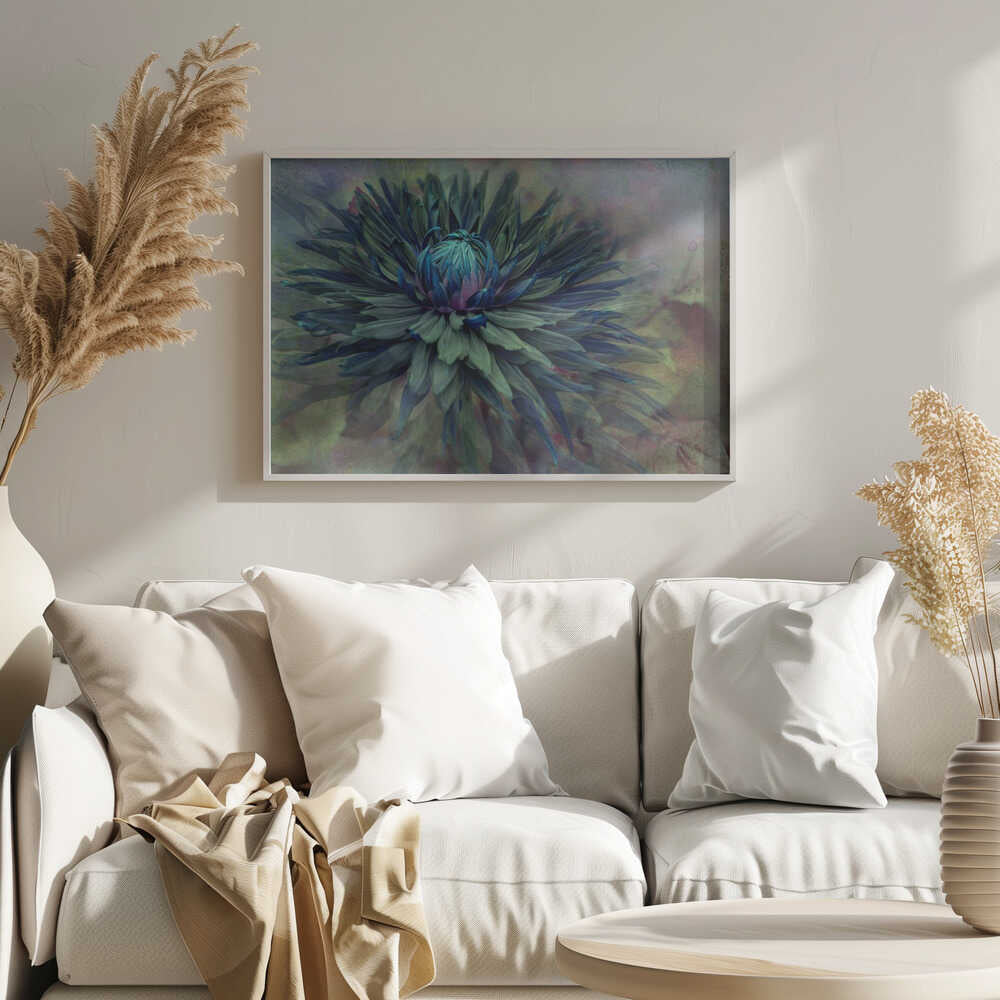 Moody Teal Dahlia - Floral Photographic Stretched Canvas Poster or Fine Art Print