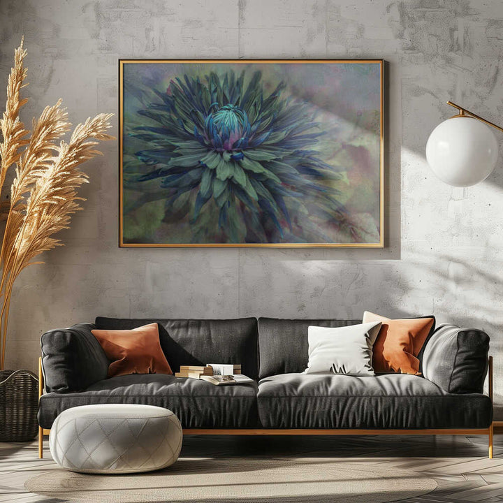 Moody Teal Dahlia - Floral Photographic Stretched Canvas Poster or Fine Art Print