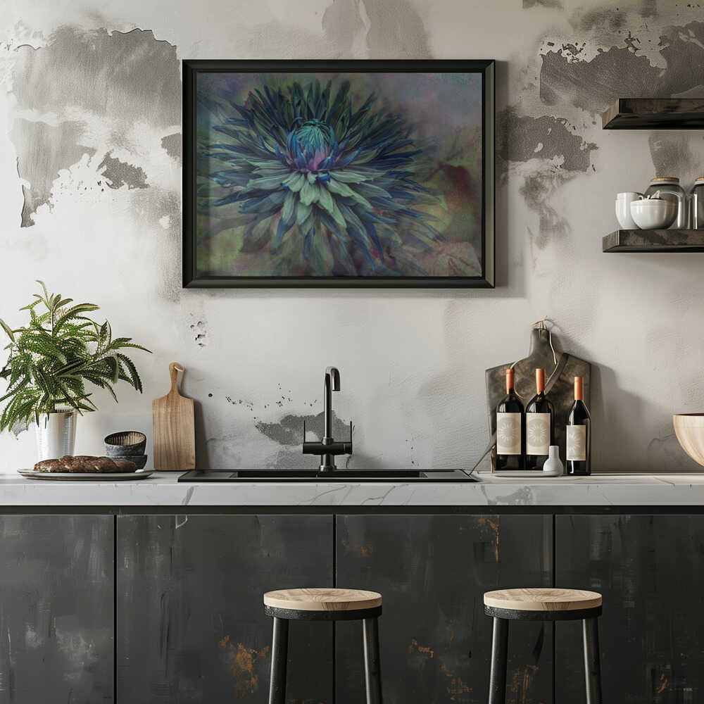 Moody Teal Dahlia - Floral Photographic Stretched Canvas Poster or Fine Art Print