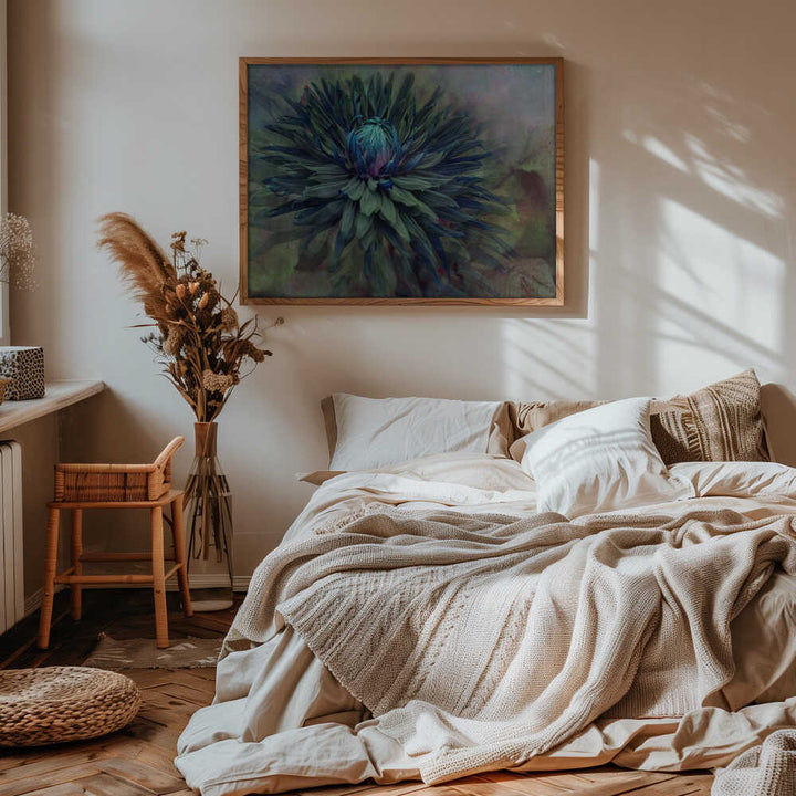 Moody Teal Dahlia - Floral Photographic Stretched Canvas Poster or Fine Art Print