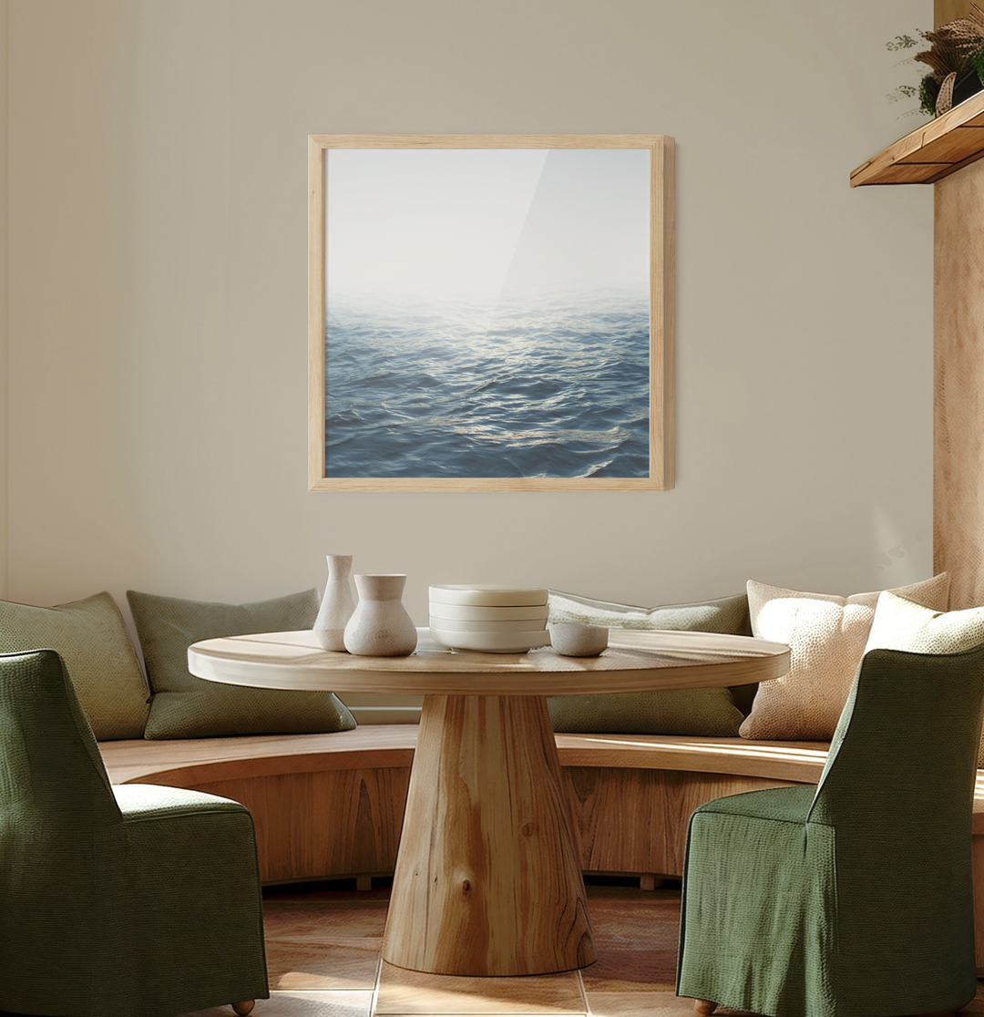 Moonlit ocean hamptons water coastal print on canvas with minimalist ocean scene and natural wood square frame
