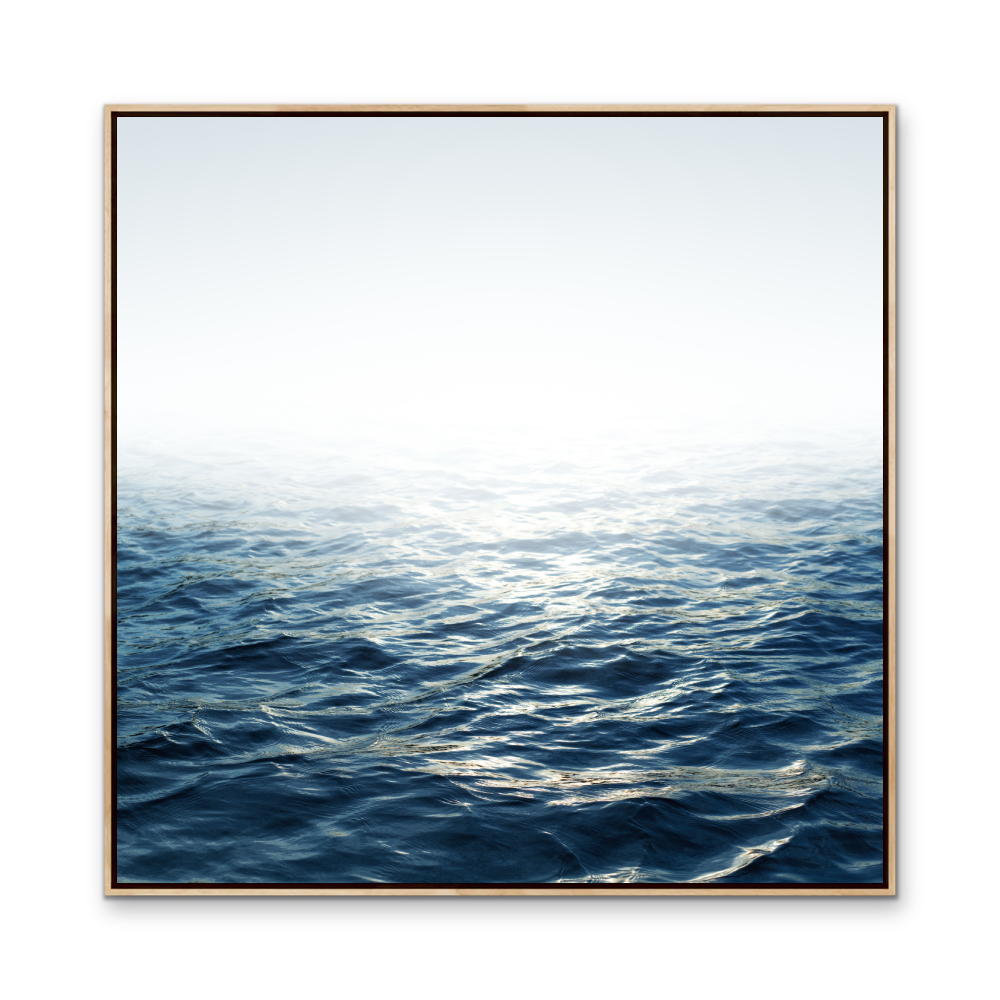 Square-framed moonlit ocean coastal print on canvas featuring deep blue waves and a soft gradient sky