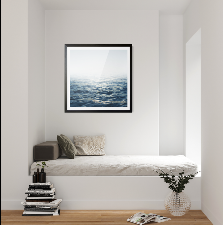 Black-framed hamptons water coastal print on canvas featuring a serene misty ocean scene with deep blue waves and soft light