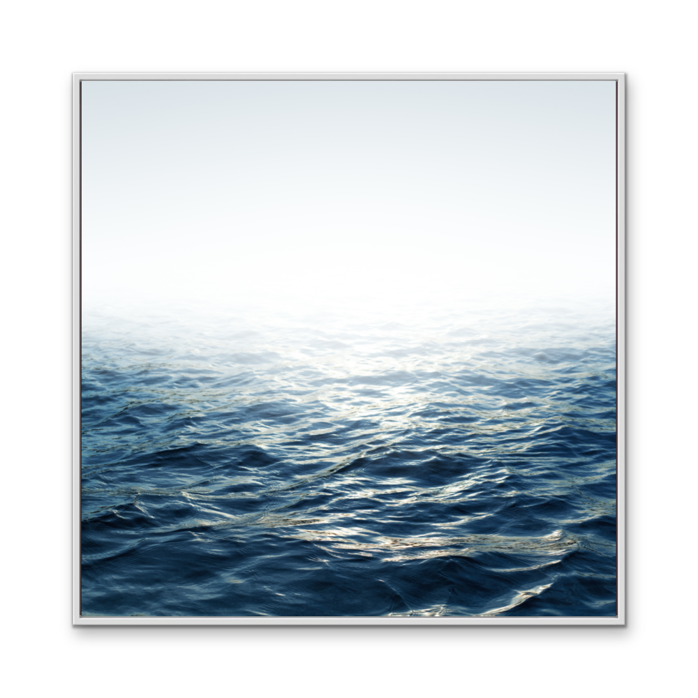 Square-framed moonlit ocean coastal print on canvas featuring deep blue waves and a soft white horizon