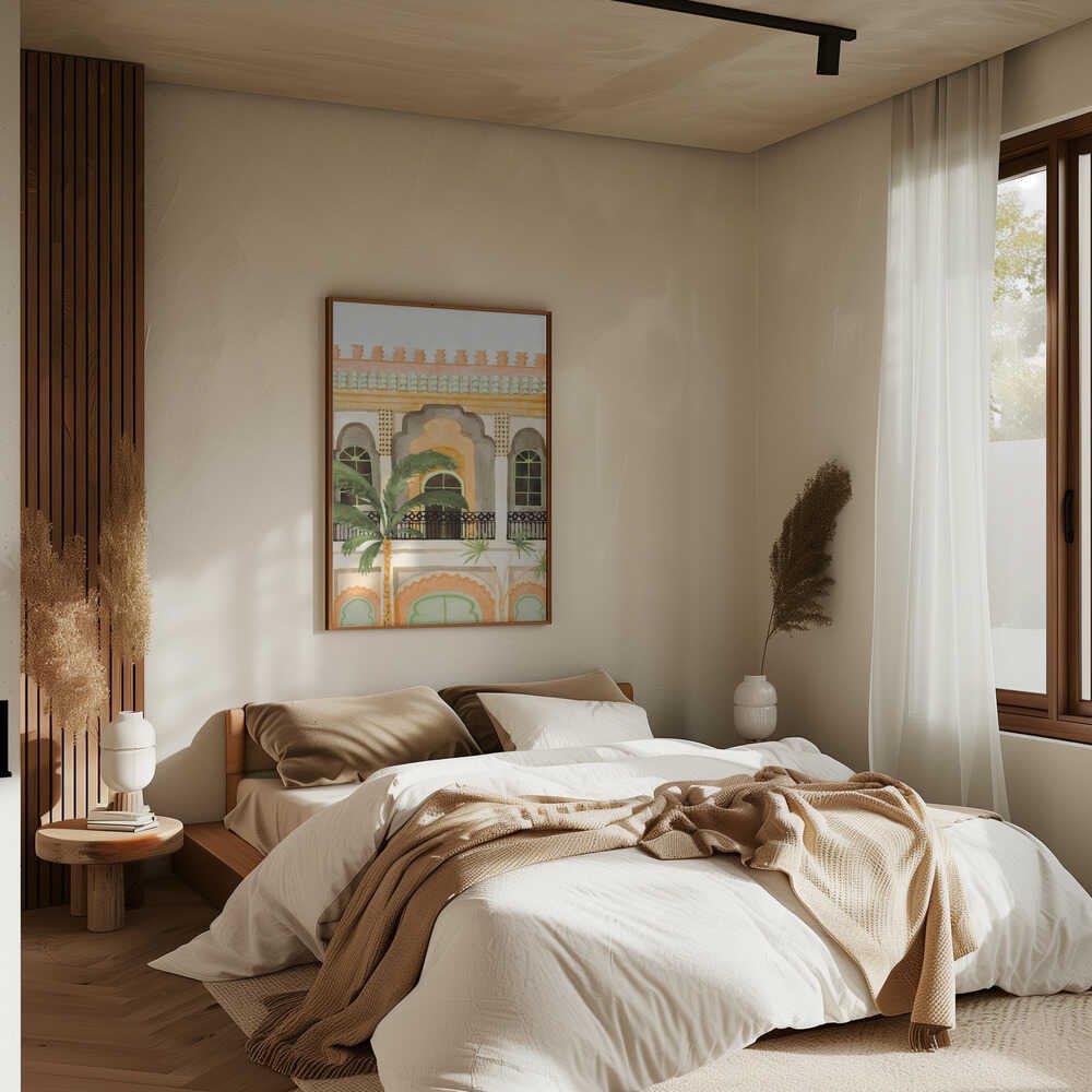 Moroccan Building with Palms - Stretched Canvas, Poster or Fine Art Print - I Heart Wall Art - Poster Print, Canvas Print or Framed Art Print