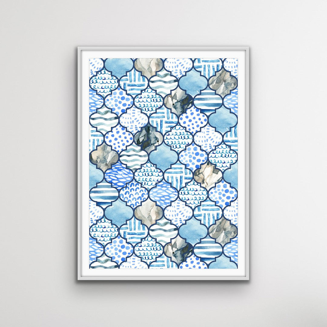 Moroccan Mosaics in Blue - Hamptons Style Tiled Watercolor Art Print - I Heart Wall Art