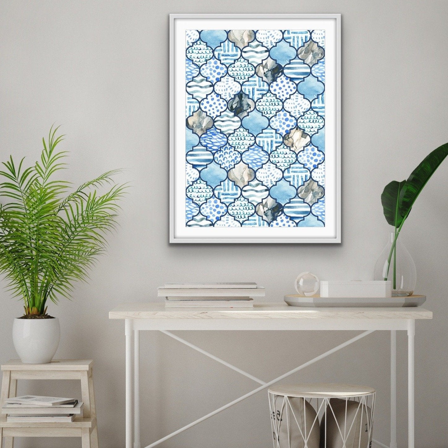 Moroccan Mosaics in Blue - Hamptons Style Tiled Watercolor Art Print - I Heart Wall Art