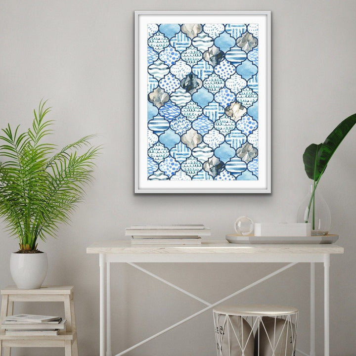 Moroccan Mosaics in Blue - Hamptons Style Tiled Watercolor Art Print - I Heart Wall Art