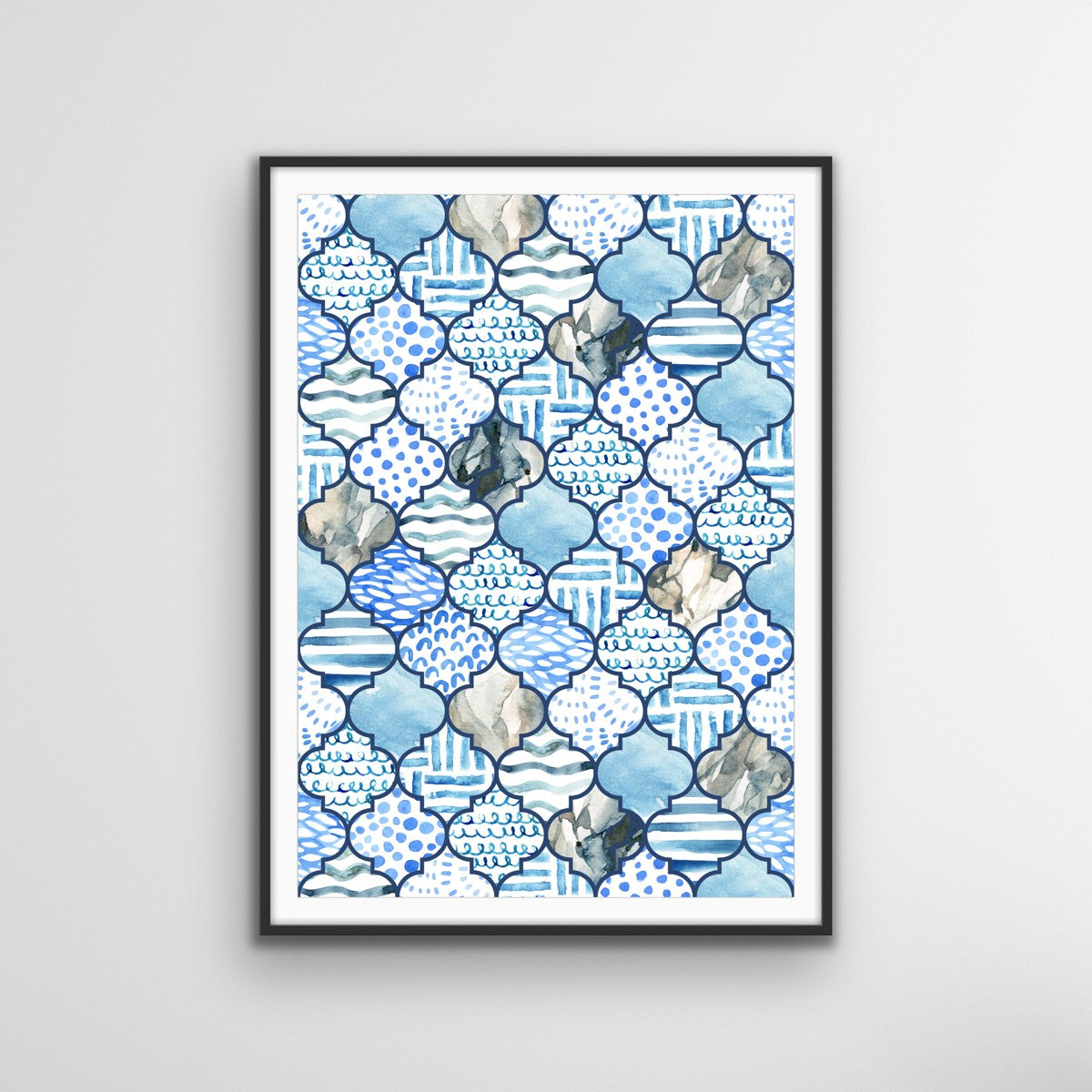 Moroccan Mosaics in Blue - Hamptons Style Tiled Watercolor Art Print - I Heart Wall Art