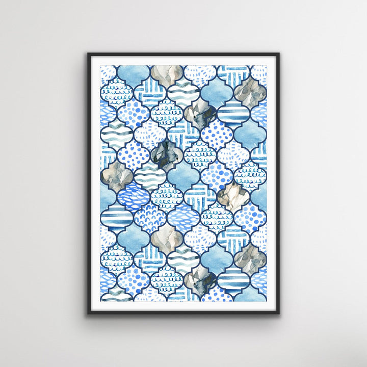 Moroccan Mosaics in Blue - Hamptons Style Tiled Watercolor Art Print - I Heart Wall Art