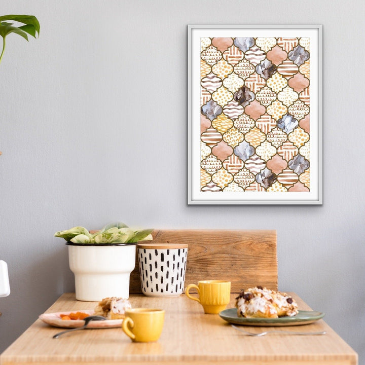 Moroccan Mosaics in Bronze- Moroccan Style Tiled Watercolor Art Print - I Heart Wall Art