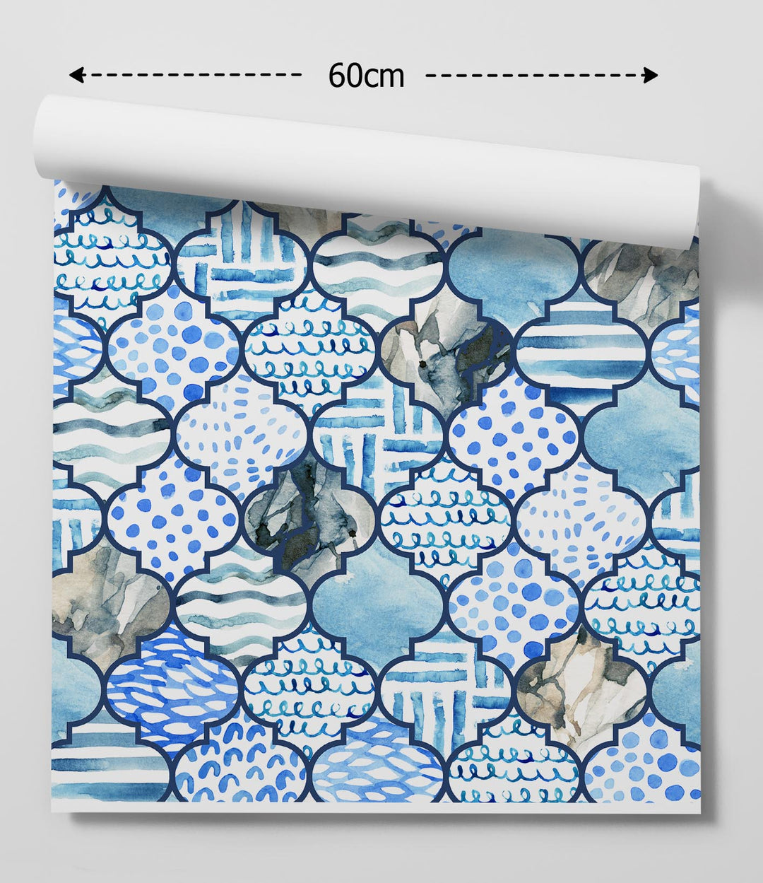 Blue and white watercolor patterned wallpaper with geometric quatrefoil design for moroccan baths blue mosaic decor