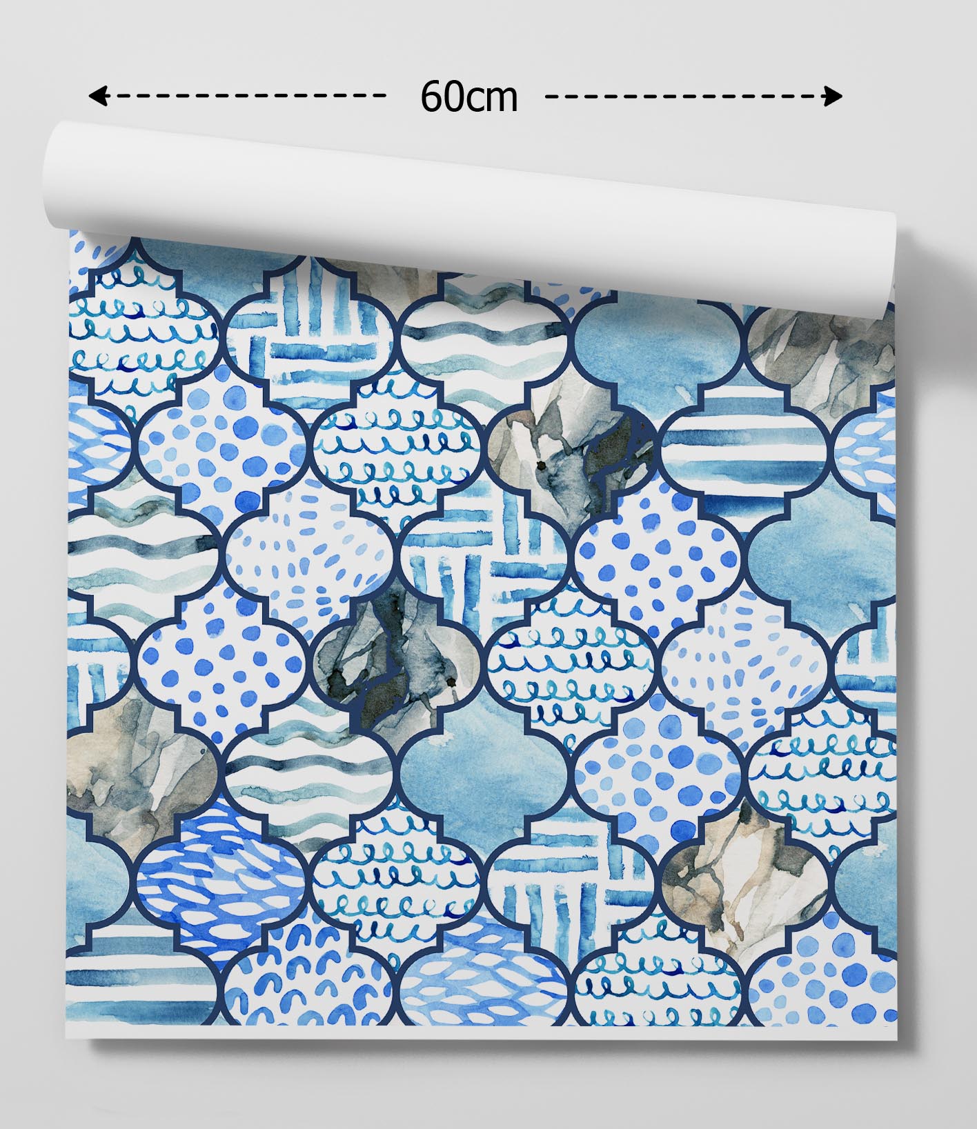 Blue and white watercolor patterned wallpaper with geometric quatrefoil design for moroccan baths blue mosaic decor