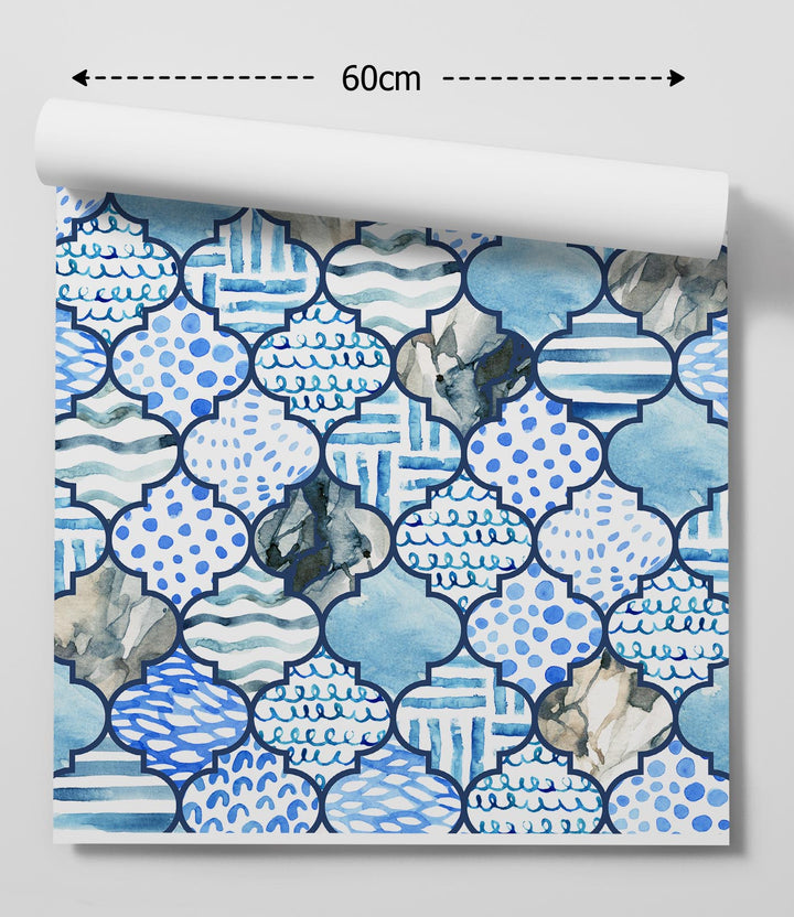 Blue and white watercolor patterned wallpaper with geometric quatrefoil design for moroccan baths blue mosaic decor