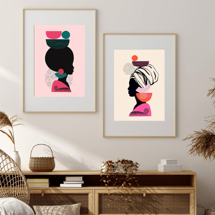 Mother Africa - Two Piece Bright Woman Colourful Geometric Boho Art or Canvas Prints Diptych - I Heart Wall Art