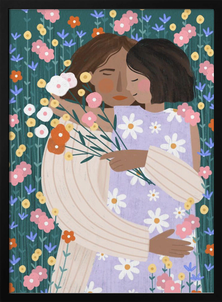 Mother and Daughter in wildflower garden - Stretched Canvas, Poster or Fine Art Print I Heart Wall Art