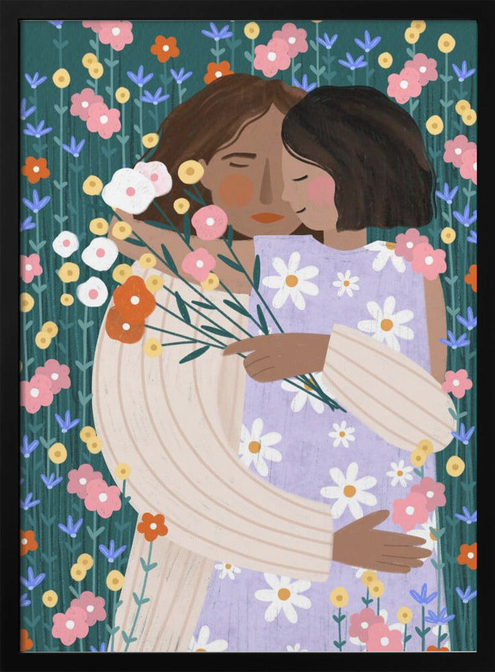 Mother and Daughter in wildflower garden - Stretched Canvas, Poster or Fine Art Print I Heart Wall Art