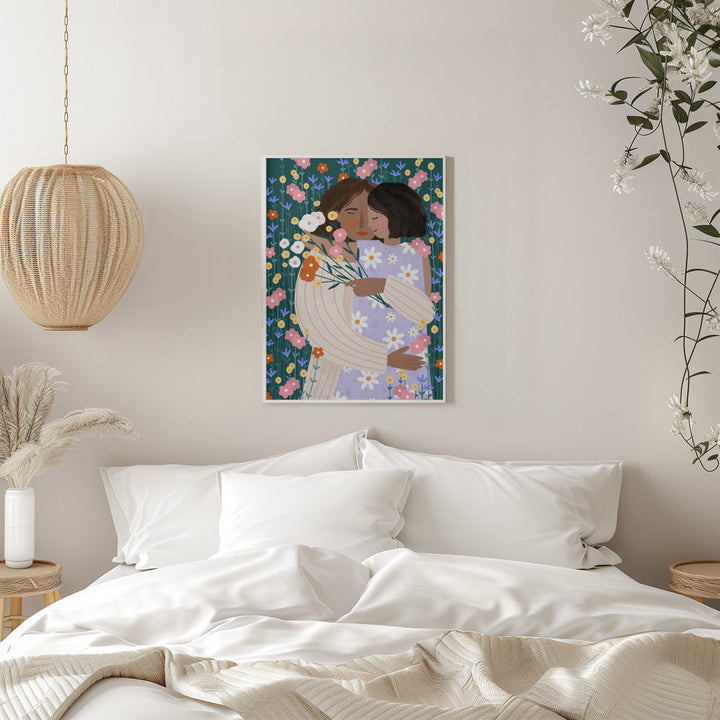 Mother and Daughter in wildflower garden - Stretched Canvas, Poster or Fine Art Print I Heart Wall Art